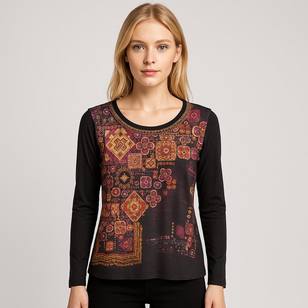 Chico’s Women’s Patchwork Bling Top Black Red Geometric Long Sleeve Size XS